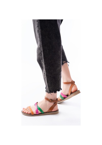 205-209 Multi Hakiki Deri Tokalı Parmak Arası Kadın Sandalet Çok Renkli