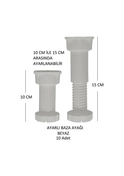 Ayarlanabilir Plastik Baza Ayağı 10-15 Cm, Beyaz, Çok Amaçlı Dolap Ayağı 10 Adet Beyaz