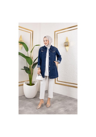 Harman Butik Kadın Boncuk İşlemeli Denim Kot Ceket Lacivert Lacivert