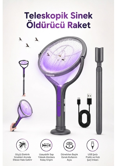 2in1 Elektrikli Sinek Öldürücü Raket Masa Üstü Teleskobik Tavana Uzatılabilir Katlanır Raket