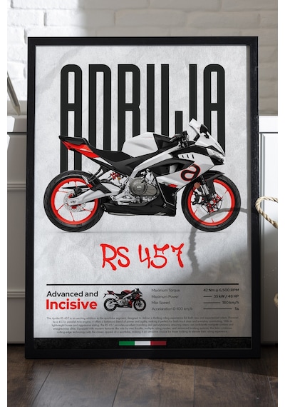 Aprilia Rs 457 Siyah Ahşap Çerçeveli Poster, Dekoratif Motosiklet Duvar Tablosu Çok Renkli