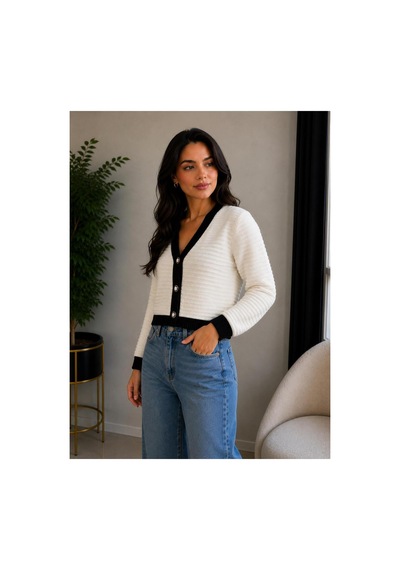 Hira Life Fashion Kadın V Yaka Düğmeli Şeritli Kısa Crop Ceket-hırka Bej Bej