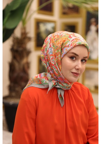 Silk Home Olinda İpek Eşarp 47002-34 Gri, Parlak Turuncu, Yeşil, Leylak, Mercan