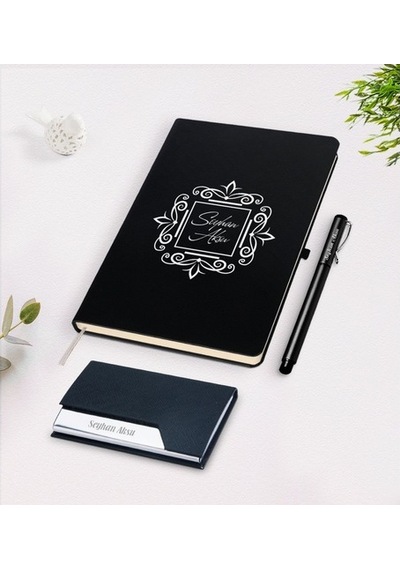 Kişiye Özel Isimli Siyah Defter Kalem Kartvizitlik Hediye Seti-1