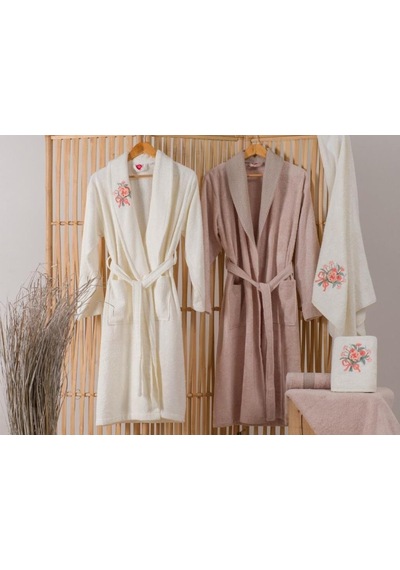Cotton Box Nakışlı 3D Bamboo Aile Bornoz Seti Lenora Ekru Cappuci (543741874)