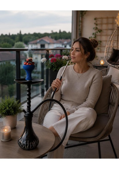 Premium Siyah Nargile Takımı 75 Cm Cam Şişeli Lüleli Modern Tasarım Balkon & Kafe Ko