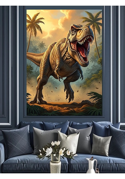 Ahşap Tablo Ormanda Yürüyen Dinozor Rex
