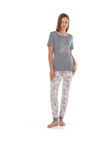 Vishenka Vıshenka Kadın Viskon Likrasız Baskılı Pijama Takımı Gri
