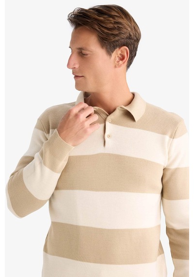 DeFacto Standart Fit Normal Kesim Çizgili Polo Yaka Triko Kazak Y4194AZ24WNBG295