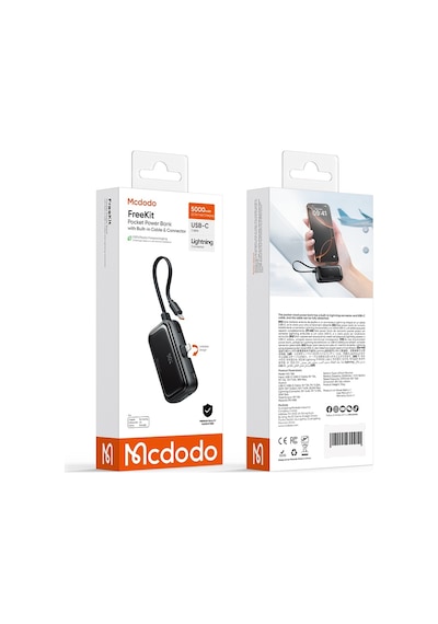 Mcdodo Mc-7800 5000mah Apple Uyumlu iPhone Girişli 22.5w Dahili Kablolu Powerbank Siyah