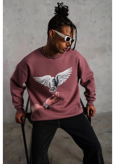 Erkek Güvercin Baskılı Sweatshirt - Gül Kurusu Gülkurusu