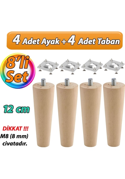 Ahşap Ayak 12 Cm 8'li Set M8 Civatalı Bağlantı Aparatlı Dolap Mobilya Koltuk Kanepe Destek Ayağı Ayakları Ahşap
