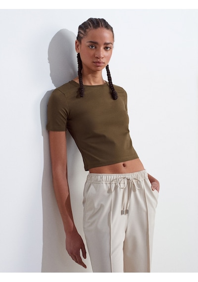 Dilvin 31655 Bisiklet Yaka Crop Top-haki Haki