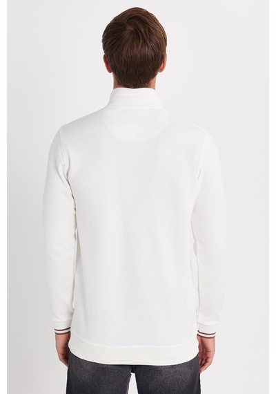 Tudors Erkek Slim Fit Dar Kesim Pamuklu Yarım Fermuarlı Dik Yaka Beyaz Sweatshirt-35784 Beyaz