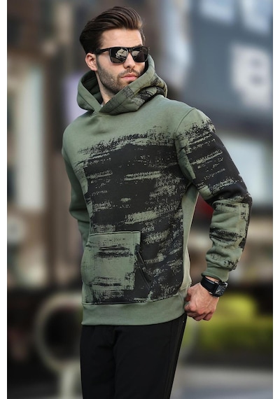 Madmext Haki Kapüşonlu Desenli Cep Detaylı Erkek Sweatshirt 7059-haki Haki