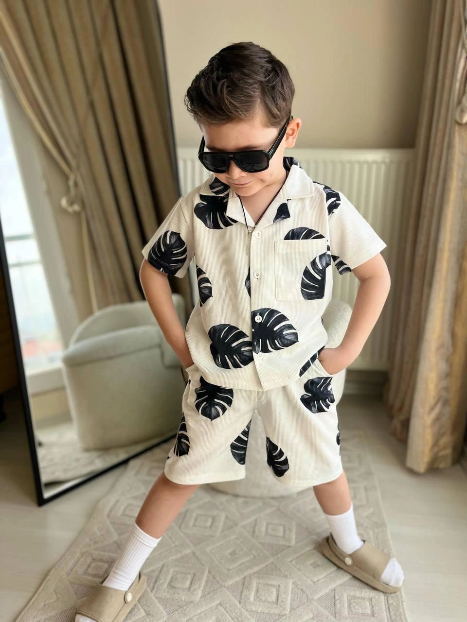 Cg Kids Yaprak Desenli Ince Lacoste Kumaş Erkek Çocuk Alt Üst Tak Beyaz