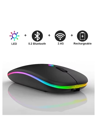 Renkli Led Şarjlı Bluetooth + 2.4g Kablosuz Mouse Çift Mod