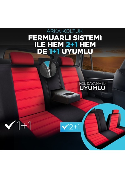Panda Special Serisi Jakar Kumaş Oto Koltuk Kılıfı - Kırmızı - Siyah