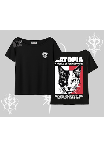 Tarzsokak Modern Kedi Temalı Arka Baskılı Kayık Yaka Tshirt Siyah