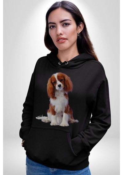 Cavalier King Charles Spaniel Kadın Erkek Siyah Kapüşonlu Sweatshirt Hoodie Siyah