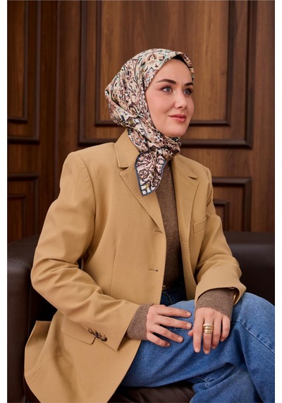 Silk Home Twill İpek Eşarp Petrol Yeşili Krem Desenli Tok Duruşlu Kaymaz 90x90 Çok Renkli