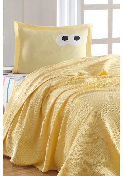 Eponj Home Lastikli Çarşaflı Pike Takımı Tek Kişilik %100 Pamuk 3 Parça Funny Desenli Sarı Weave Serisi Sarı