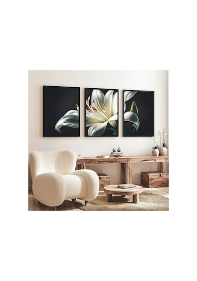 Ahşap Siyah Çerçeveli 3'lü Çiçek Desenli Modern Tablo Seti Huhu224