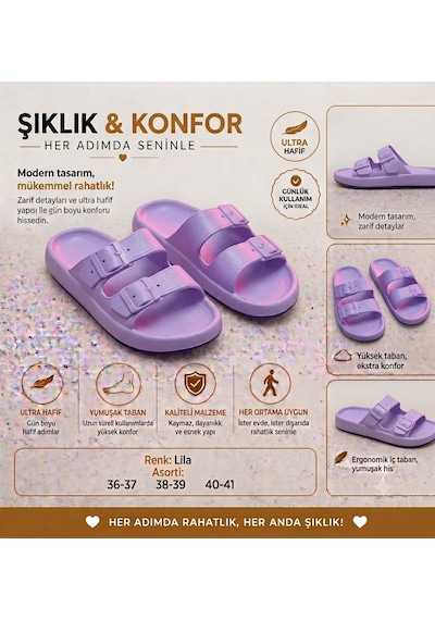 Kantex Kadın Unisex Çift Tokalı Kaydırmaz Rahat Taban Günlük Plaj Balkon Bahçe Teras Banyo Terliği Rcn909 LİLA