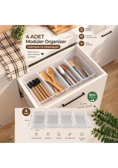 Tr 0383 4'lü Modüler Çekmece İçi Organizer Seti 30x15 Cm Şeffaf Mutfak, Kaşıklık, Kozmetik Ve Ofis Düzenle Genel