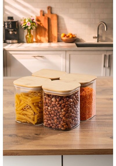 Porsima 5-4 Bambu Vakumlu Kapaklı Kare Borsilikat Cam 4lü Kavanoz Seti Saklama Kabı 750ml 7,5x15cm