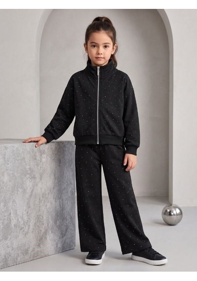 Zekids Kız Çocuk Siyah Taşlı Fermuarlı Geniş Paça Eşofman Takımı-17432