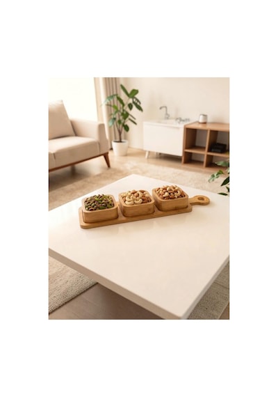3 Lü Bambu Çerezlik-standlı Lokumluk-dekoratif Sunumluk Ekru Ekru