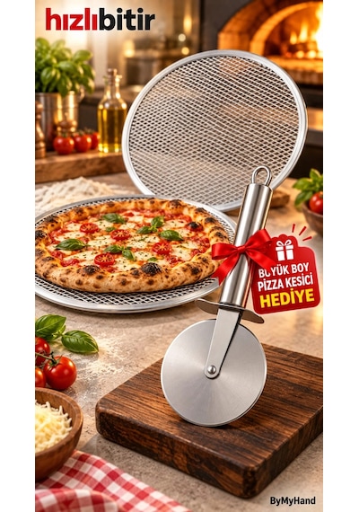 Bymyhand Metal Sanayi Tipi Profesyonel Pizza Tepsisi 2'li Set 28 32 Cm Pizza Kesici Hediyeli Büyük B Çok Renkli