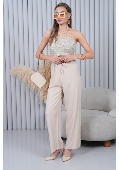 Polologin Butik Beli Bağcıklı Yüksek Bel Bol Paça Taş Renkli Pantolon Krem