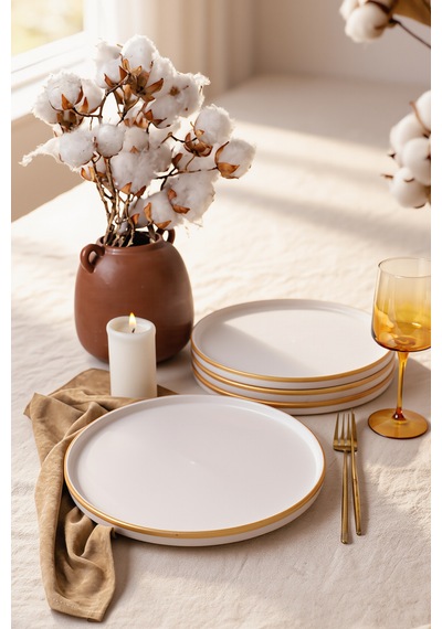 Keramika Mat Beyaz Gold Fileli Stackable Servis Tabağı 27 Cm 4 Adet