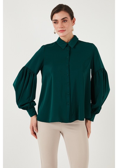 Lela Regular Fit Dikiş Detaylı Düz Yaka Balon Kol Bayan Gömlek 611Go00003 Zümrüt