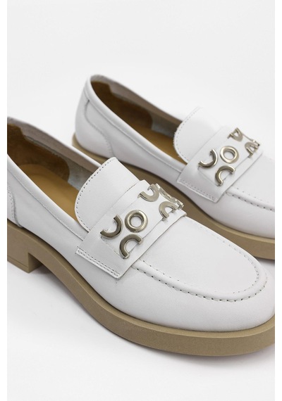 Morris Beyaz Hakiki Deri Gümüş Aksesuarlı Kadın Loafer Beyaz Deri