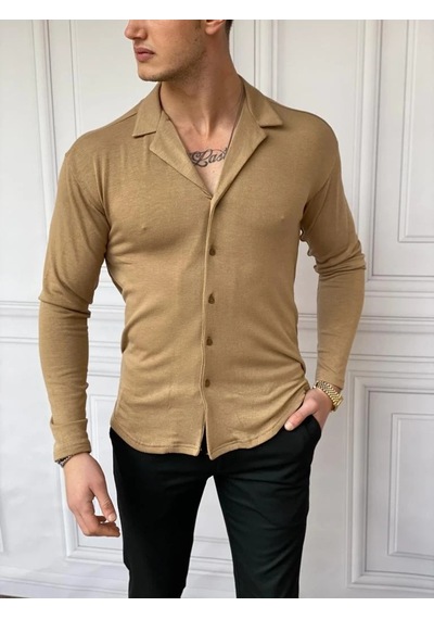 Modefendi Slim Fit %100 Pamuk Triko Kumaş Gömlek Krem
