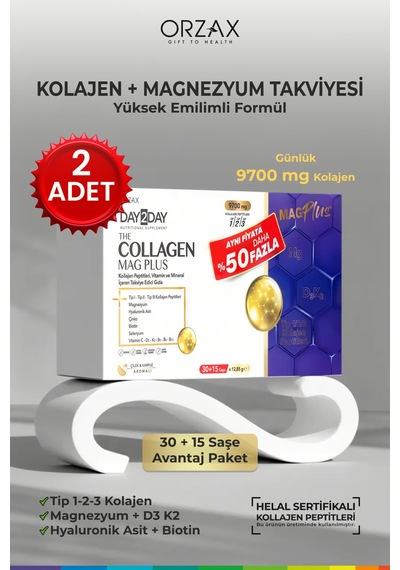 Collagen Mag Plus 9700 Mg Kolajen + Magnezyum + D3 K2 + Biotin 45 Saşe - 2 Adet