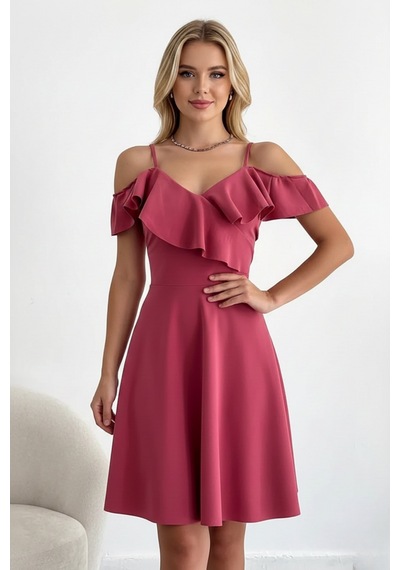 Zedefx Kadın İnce Askılı Katlı Fırfırlı Elbise Pembe