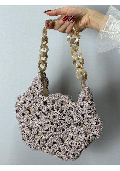 El Örgüsü Çiçekli Kadın El Çantası 30x27 Cm Füme