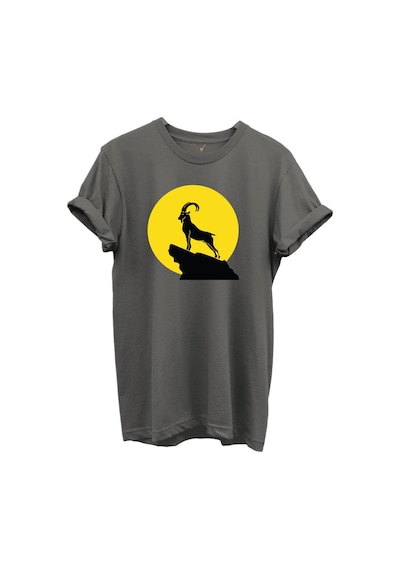 Dağ Keçisi Siluet Baskılı %100 Pamuk Regular Fit Bisiklet Yaka Unisex T-shirt Antrasit