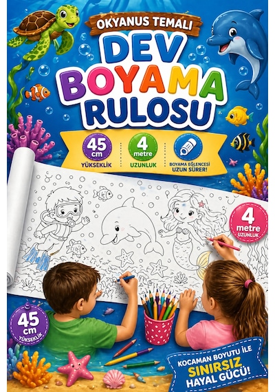 Okyanus Temalı Dev Boyama Rulosu 45 Cm X 4 Metre Çocuklar Için Uzun Boyama Kağıdı, Eğitici Ve Eğlenceli Aktivite Rulosu, Deniz Canlıları Boyama Seti, Büyük Boy Boyama Posteri