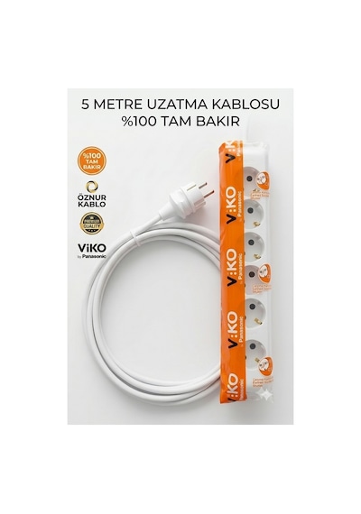 Viko 6'lı Grup Priz 5 Metre - 3x1.5mm %100 Saf Bakır Öznur Kablolu Uzatma Kablosu Çocuk Korumalı & Ark Yapmaz 5 M