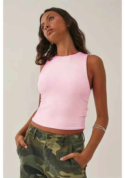 Tarz Cool Kadın Atlet Düz Basic Crop Kolsuz T-shirt Açık Pembe