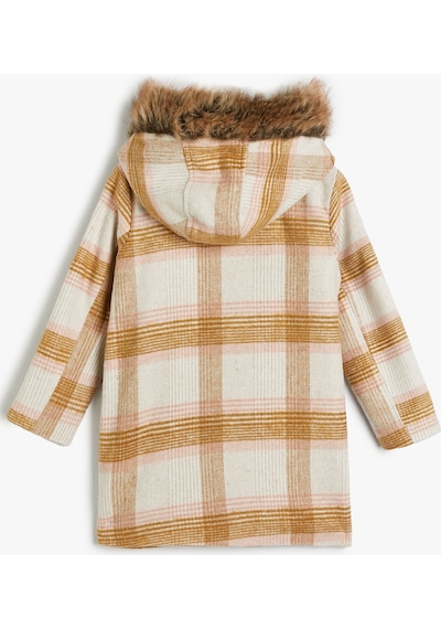 Koton Oversize Kaban Kapşonlu Suni Kürk Detaylı Çıtçıt Kapaklı Cepli Ekru Ekose 4wkg00002aw 4WKG00002AW0C1 Ekru