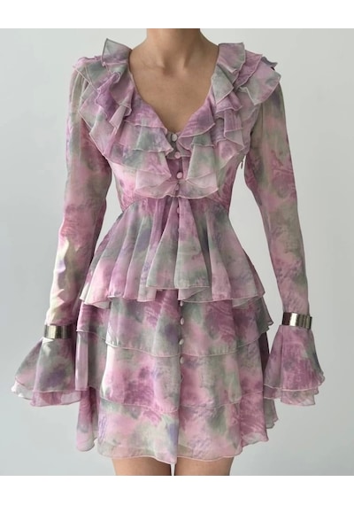 Defymoda Elose Fırfırlı Elbise Desenli