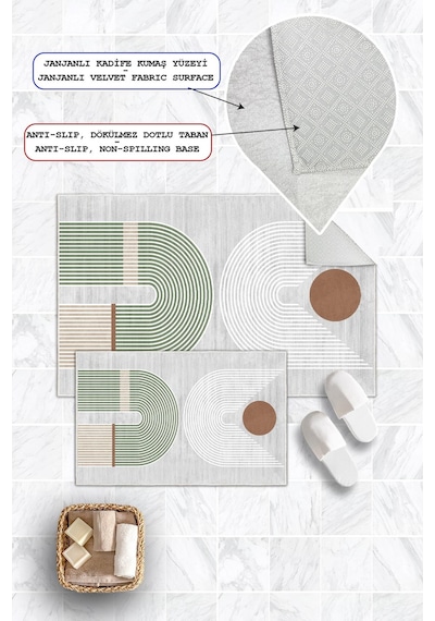 Dijital Baskı Modern Kaymaz Taban 2li Set Banyo Paspası Klozet Takımı 50x60cm-60x100cm Yeşil