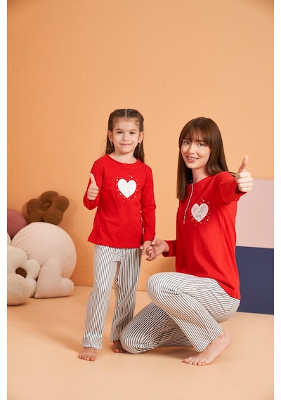 Pjs Kadın Anne-kız %100 Pamuklu Kalpli Desenli Çizgili Uzun Kollu Pijama Takım Kırmızı