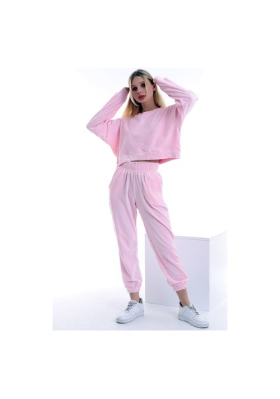 Dreamlike Kadife Yuvarlak Yaka Uzun Kollu Sweatshirt Cepli Bel Lastikli Pantolon Takım Pembe